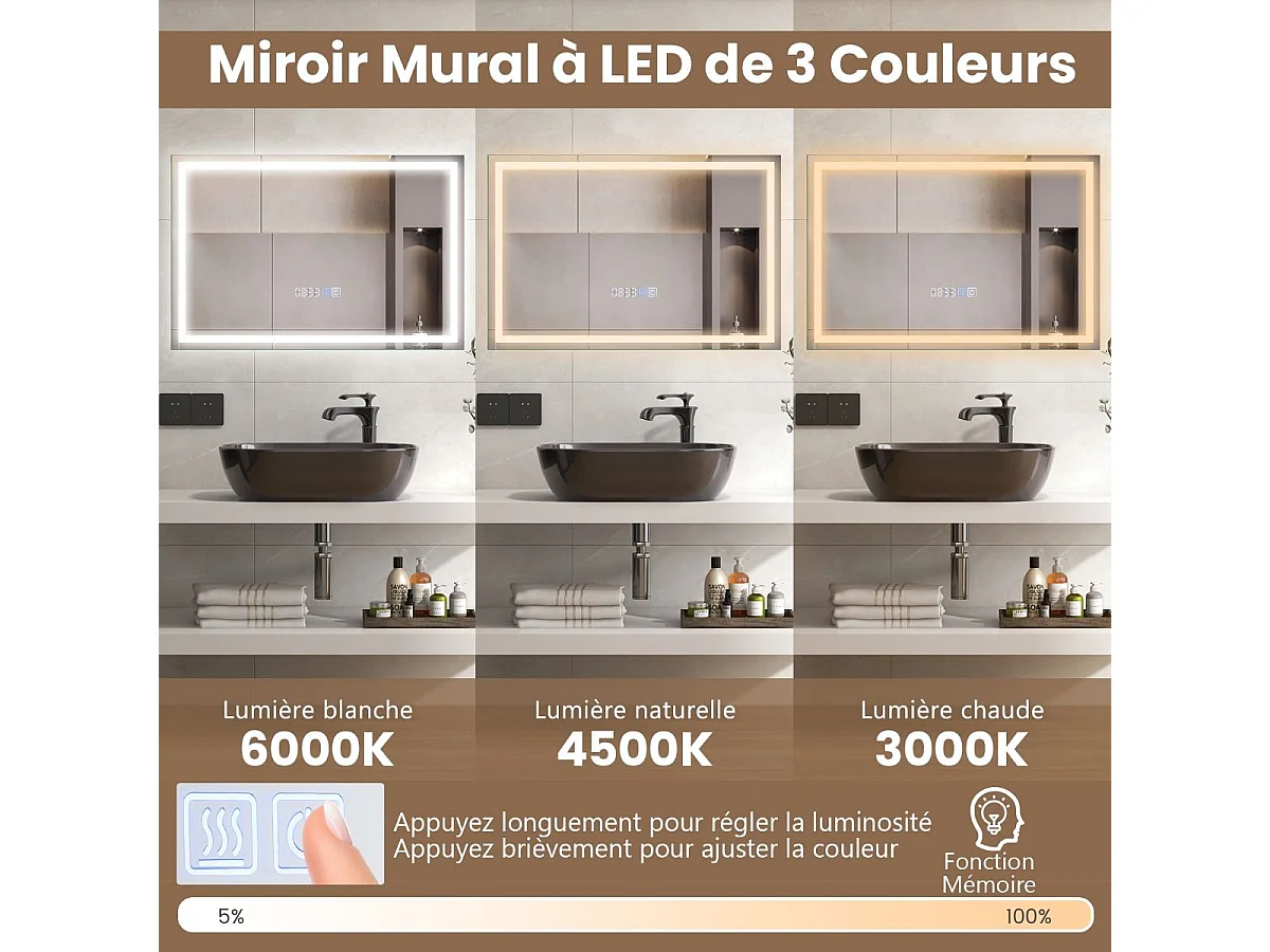 Miroir Salle de Bain 70 x 50 cm, Miroir Rectangulaire Anti-Buée, 3000-6000K, Luminosité Réglable, Miroir Maquillage, Affichage Temps, Miroir Mural, Interrupteur Tactile, Fonction Mémoire
