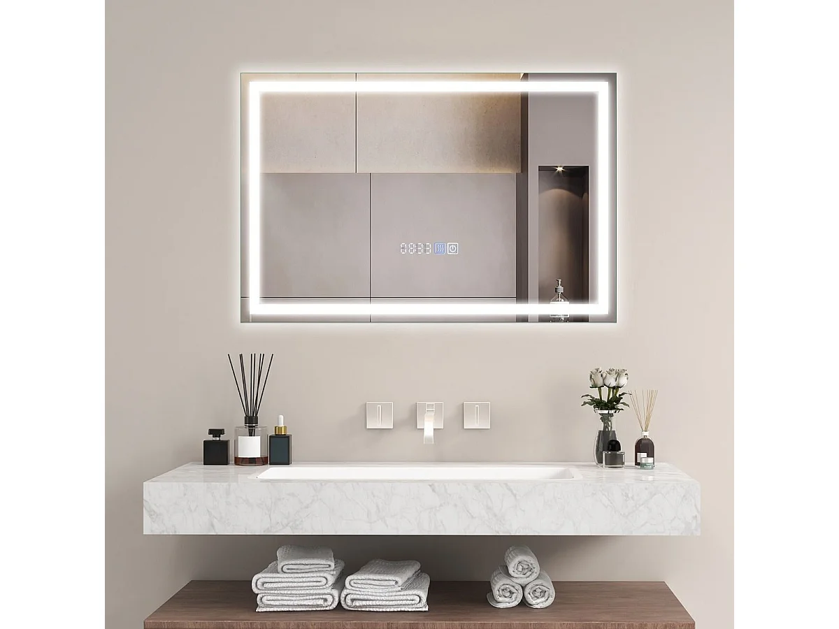 Badkamerspiegel 70 x 50 cm, rechthoekige anti-condensspiegel, 3000-6000K, instelbare helderheid, make-upspiegel, tijdweergave, wandspiegel, aanraakschakelaar, geheugenfunctie