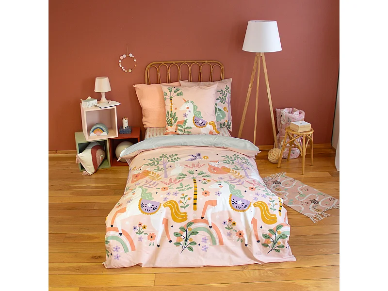 Parure de lit enfant 140x200 cm coton LA DAME A LICORNE rose 2 pièces