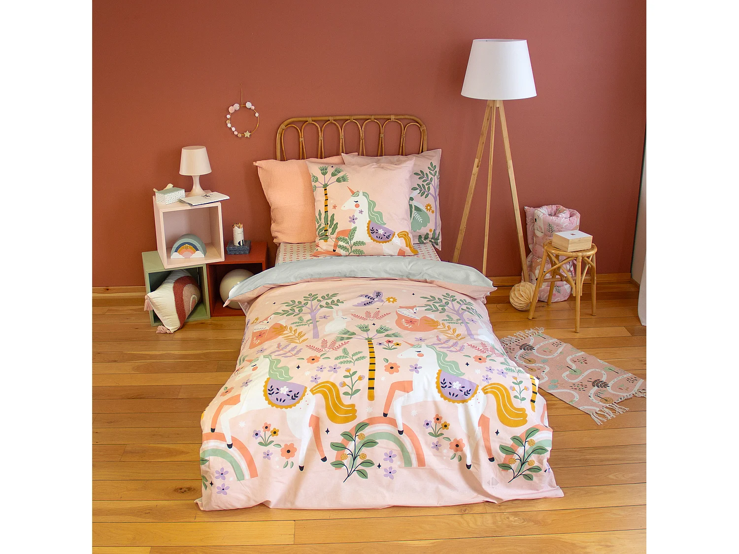 Parure de lit enfant 140x200 cm coton LA DAME A LICORNE rose 2 pièces