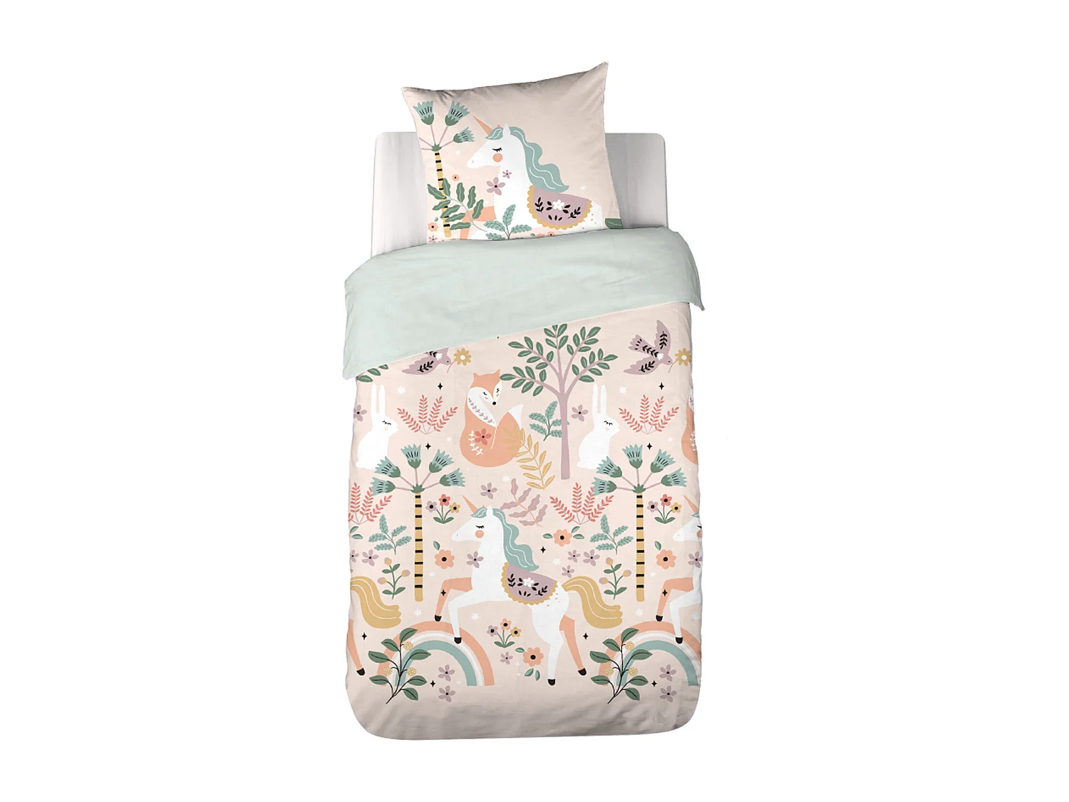 Parure de lit enfant 140x200 cm coton LA DAME A LICORNE rose 2 pièces