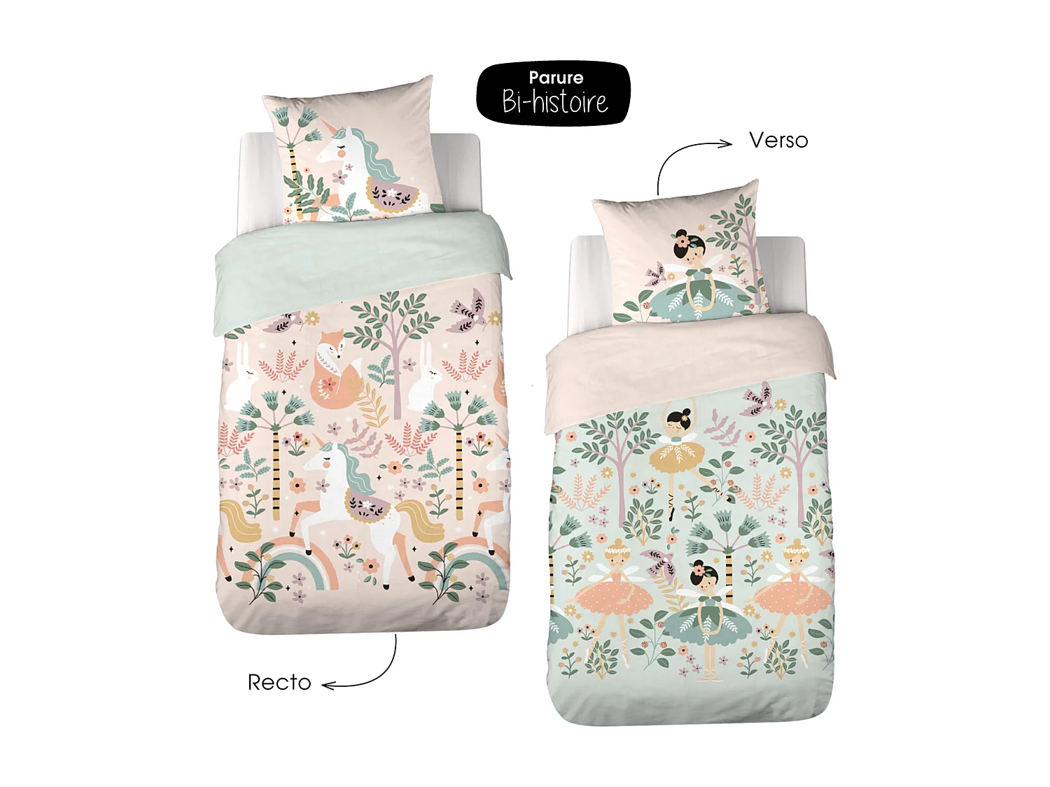 Parure de lit enfant 140x200 cm coton LA DAME A LICORNE rose 2 pièces