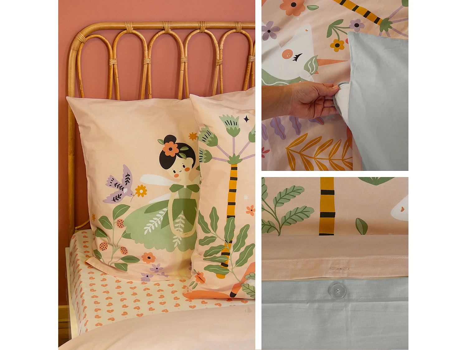 Parure de lit enfant 140x200 cm coton LA DAME A LICORNE rose 2 pièces