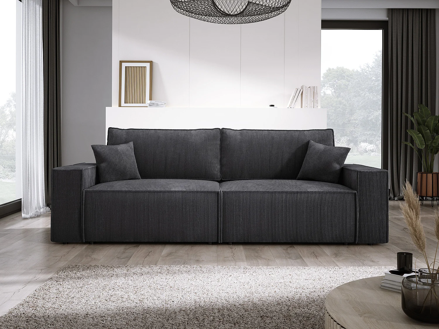 Canapé d'angle Kasjo avec fonction de couchage et coffre de rangement, tissu doux et élastique, côté droit, 245x90x83 cm, couleur : Gris anthracite