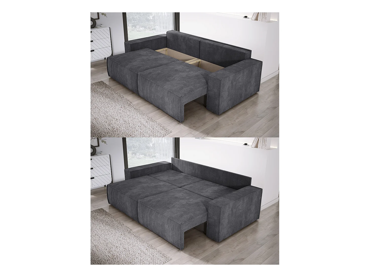 Canapé d'angle Kasjo avec fonction de couchage et coffre de rangement, tissu doux et élastique, côté droit, 245x90x83 cm, couleur : Gris anthracite