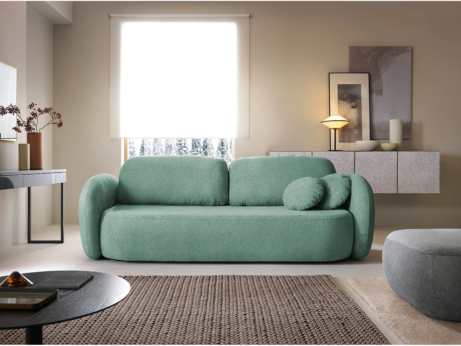 Sofa OLIO rozkładana z pojemnikiem, poduszki dekoracyjne, funkcja składania, design skandynawski, kolor: JASNY ZIELONY