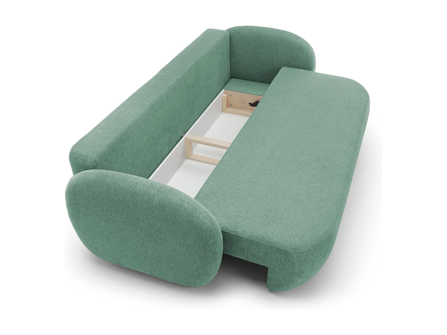 Canapé OLIO Convertible avec coffre, coussins décoratifs, fonction pliable, design scandinave, couchage 142x200 cm, pieds noirs, couleur VERT CLAIR