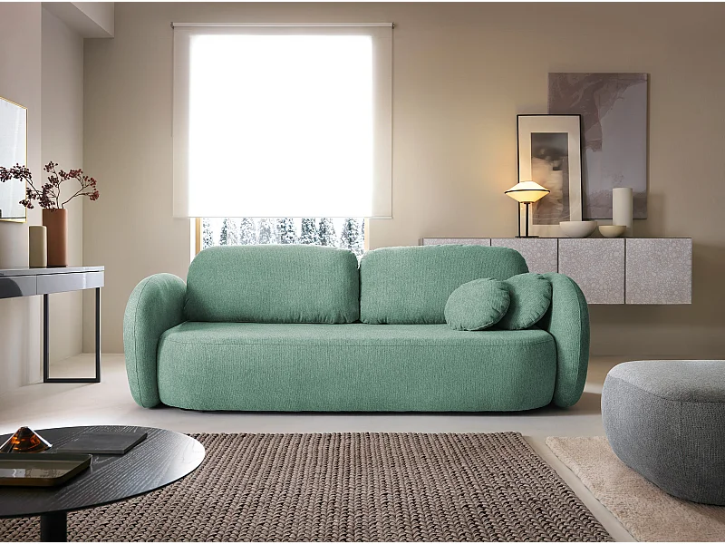 Canapé OLIO Convertible avec coffre, coussins décoratifs, fonction pliable, design scandinave, couchage 142x200 cm, pieds noirs, couleur VERT CLAIR