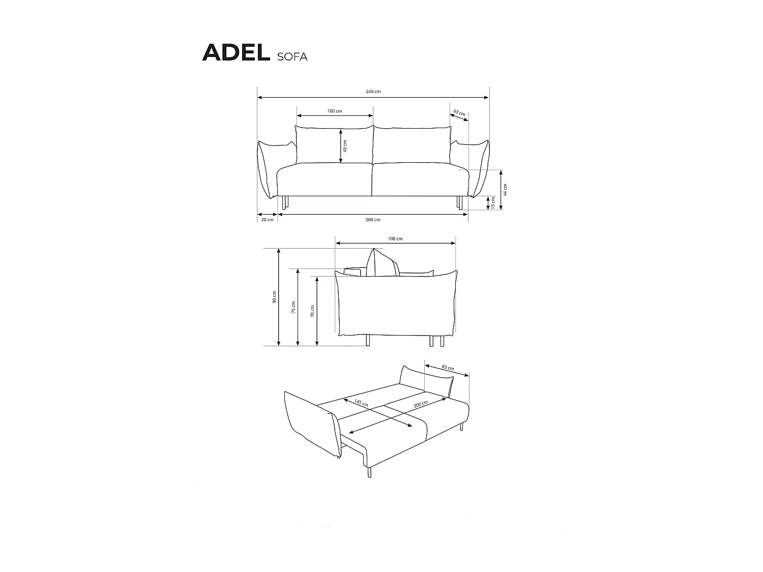 ADEL-bank – Moderne slaapbank met opbergruimte, siliconenkussens, golvende veren, ECRU, 145x200 cm