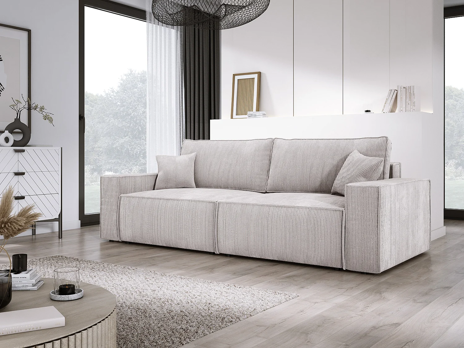 Hoekbank Kasjo met slaapfunctie, opbergruimte, zachte stof, flexibel, rechterkant, 245x90x83 cm, kleur: Beige