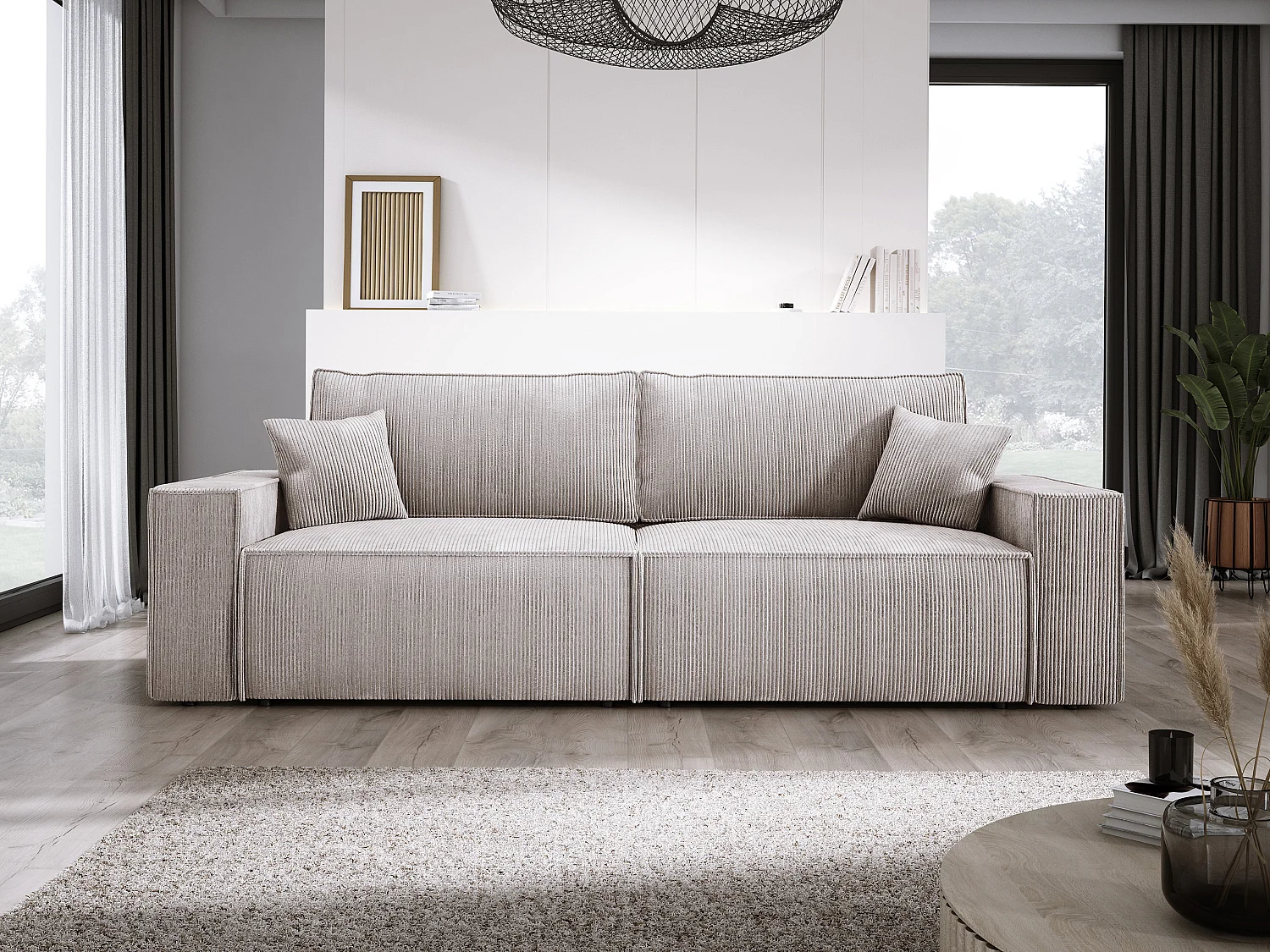Canapé d'angle Kasjo avec fonction de couchage et coffre de rangement, tissu doux et élastique, côté droit, 245x90x83 cm, couleur : Beige sale
