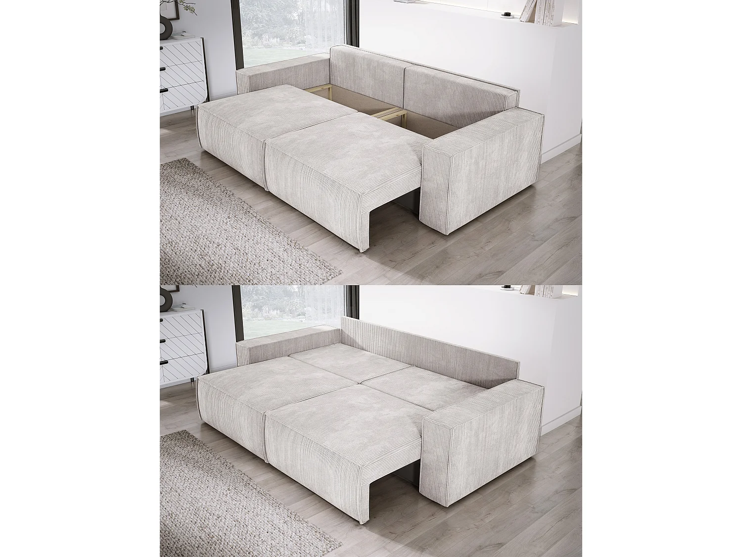 Canapé d'angle Kasjo avec fonction de couchage et coffre de rangement, tissu doux et élastique, côté droit, 245x90x83 cm, couleur : Beige sale