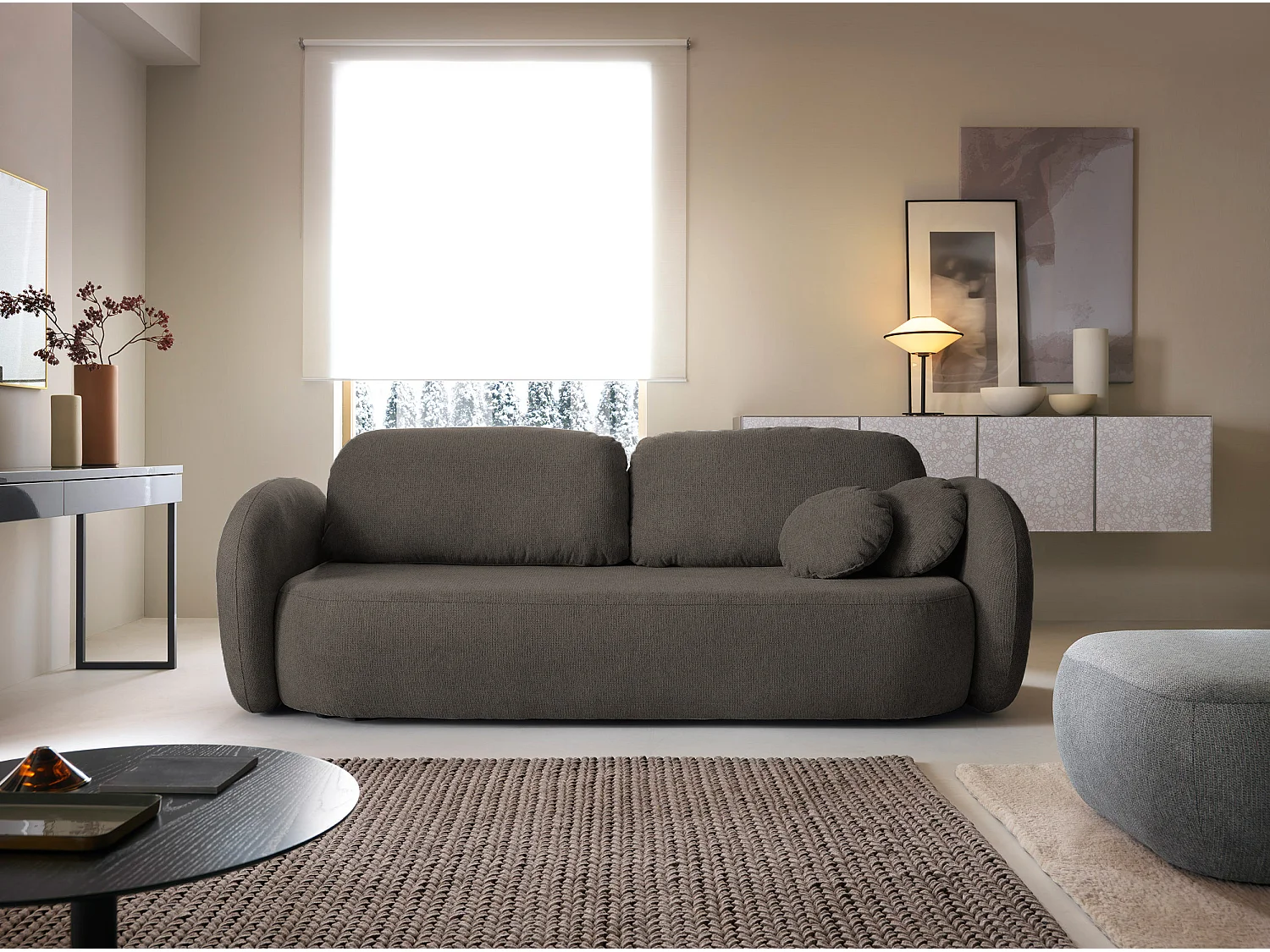 Sofa OLIO slaapbank met opbergdoos, decoratieve kussens, opvouwfunctie, Scandinavisch ontwerp, kleur: ANTRACIET