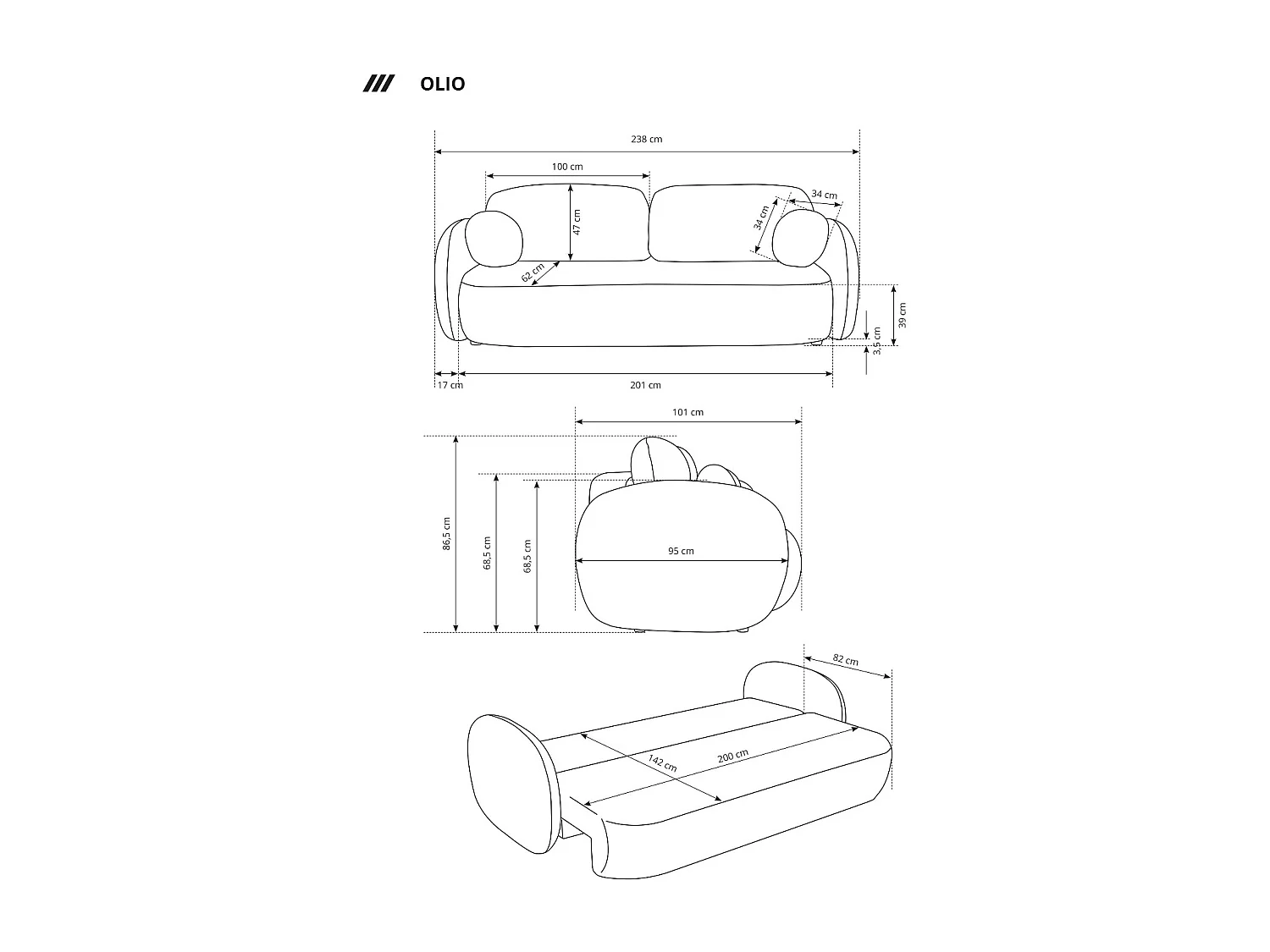 Sofa OLIO slaapbank met opbergdoos, decoratieve kussens, opvouwfunctie, Scandinavisch ontwerp, kleur: ANTRACIET
