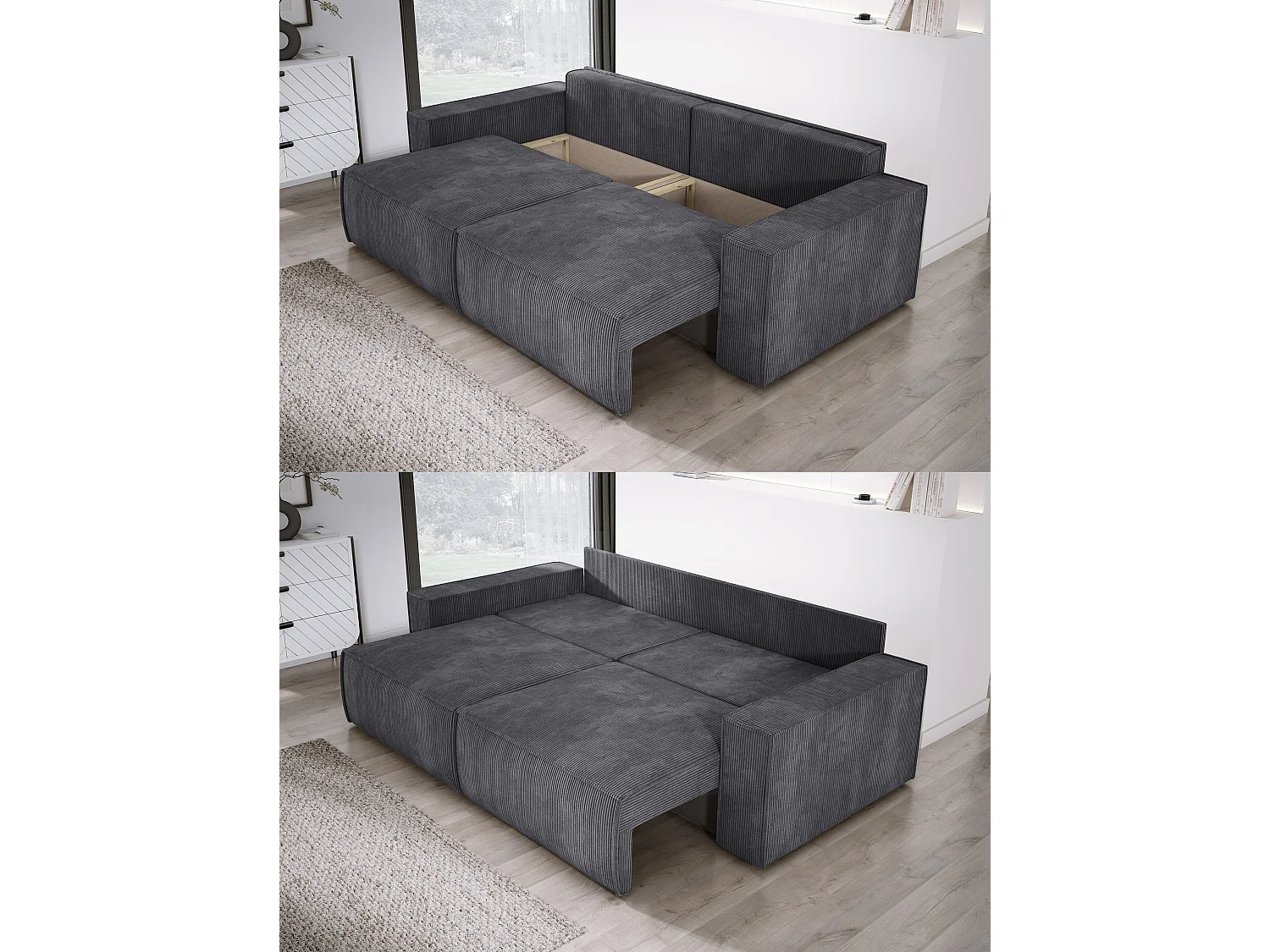 Canapé d'angle Kasjo avec fonction de couchage et coffre de rangement, tissu doux et élastique, côté gauche, 245x90x83 cm, couleur : Gris anthracite