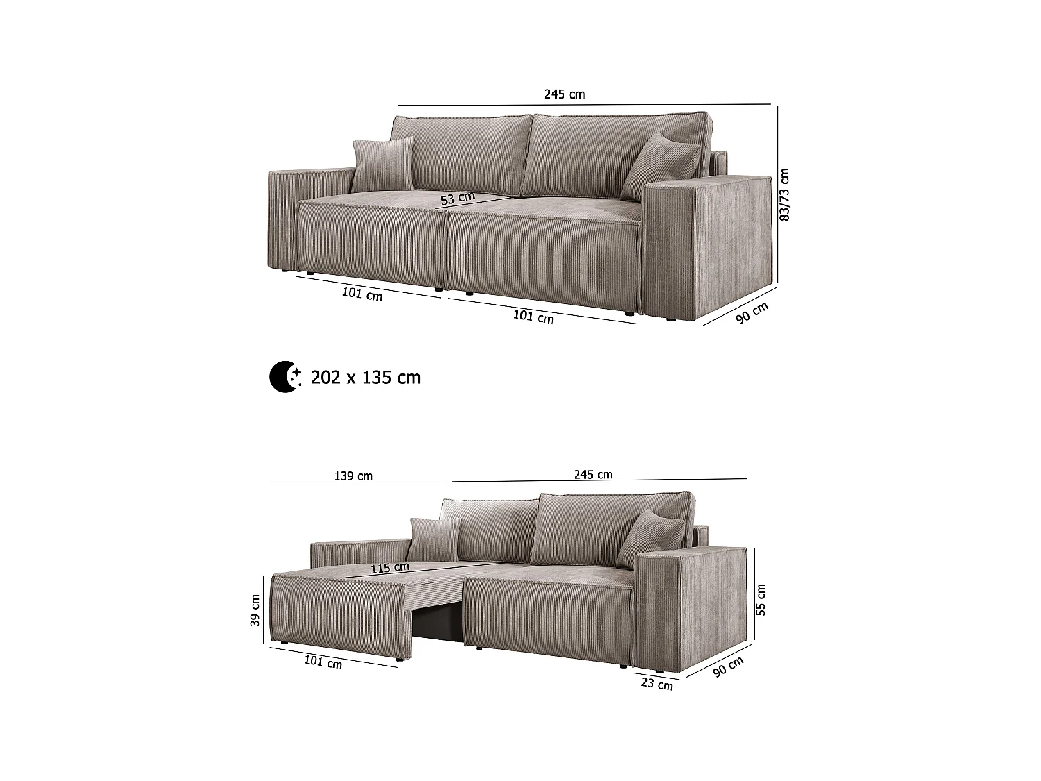 Hoekbank Kasjo met slaapfunctie, opbergruimte, zachte stof, flexibel, linkerkant, 245x90x83 cm, kleur: Grafiet