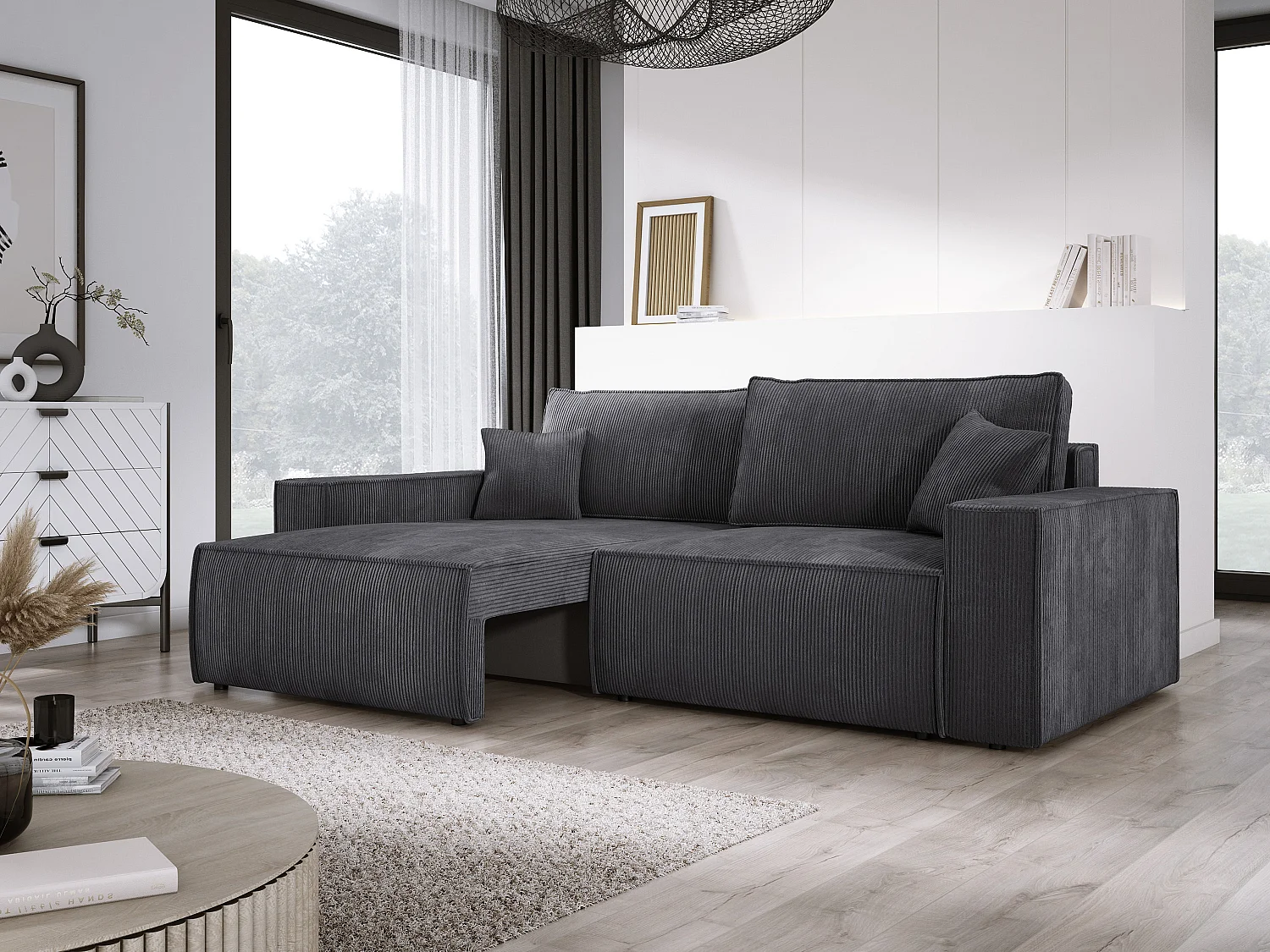 Canapé d'angle Kasjo avec fonction de couchage et coffre de rangement, tissu doux et élastique, côté gauche, 245x90x83 cm, couleur : Gris anthracite