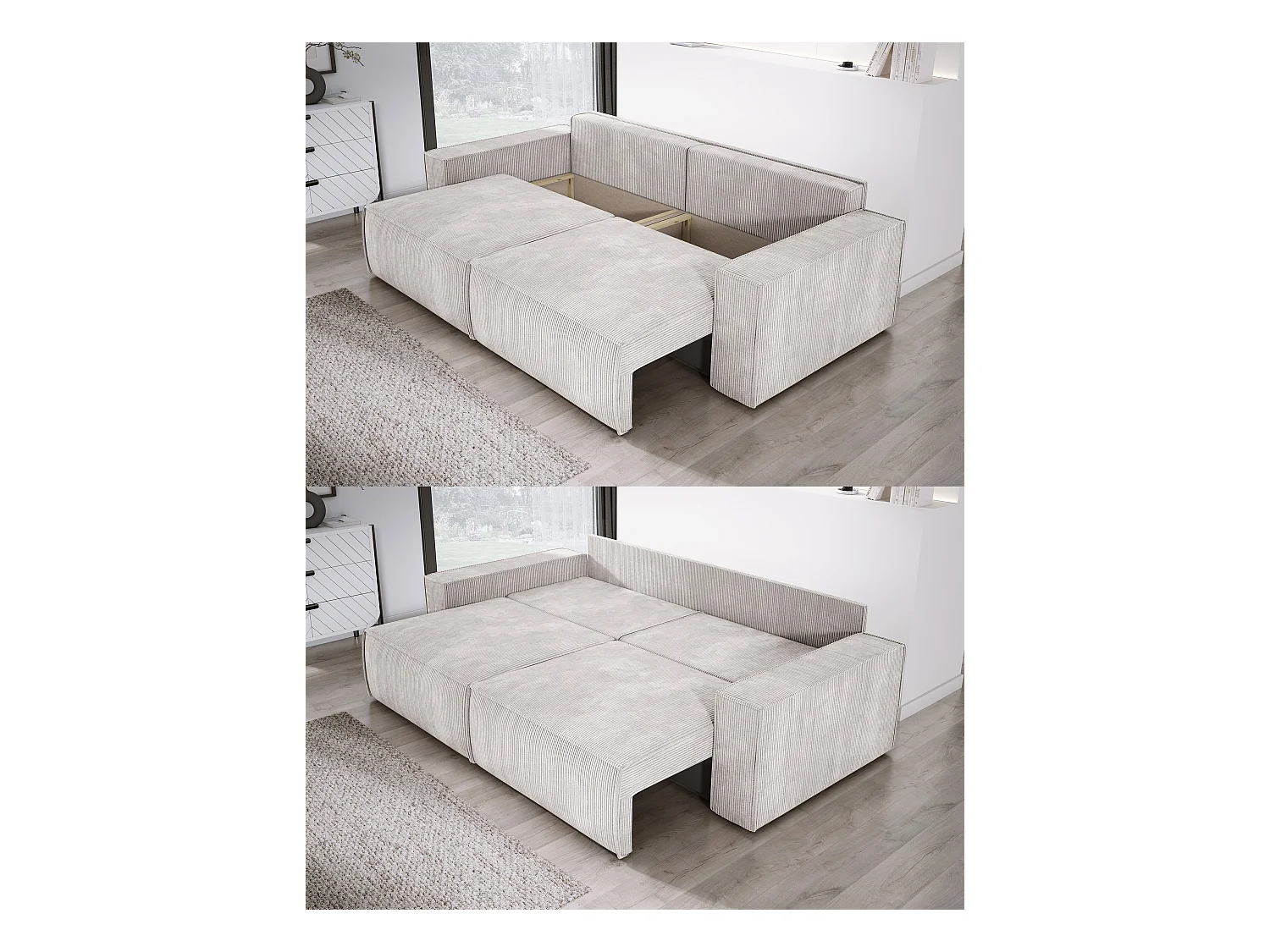 Canapé d'angle Kasjo avec fonction de couchage et coffre de rangement, tissu doux et élastique, côté gauche, 245x90x83 cm, couleur : Beige sale