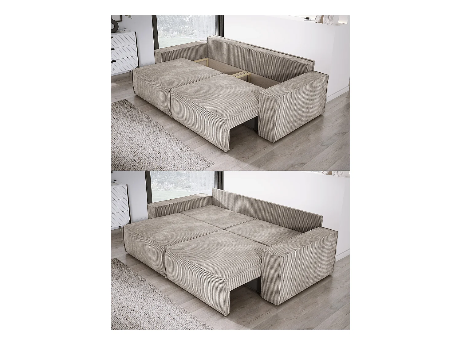 Canapé d'angle Kasjo avec fonction de couchage et coffre de rangement, tissu doux et élastique, côté gauche, 245x90x83 cm, couleur : Cappuccino