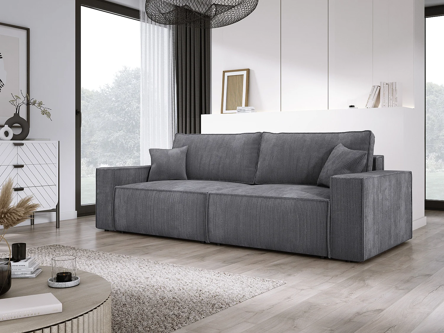 Canapé d'angle Kasjo avec fonction de couchage et coffre de rangement, tissu doux et élastique, côté gauche, 245x90x83 cm, couleur : Gris