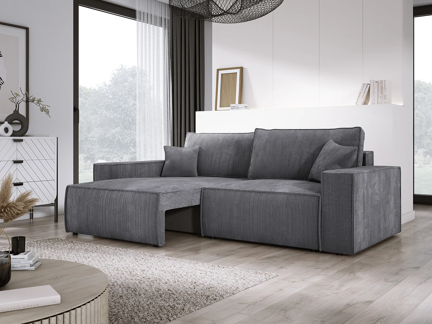 Canapé d'angle Kasjo avec fonction de couchage et coffre de rangement, tissu doux et élastique, côté gauche, 245x90x83 cm, couleur : Gris
