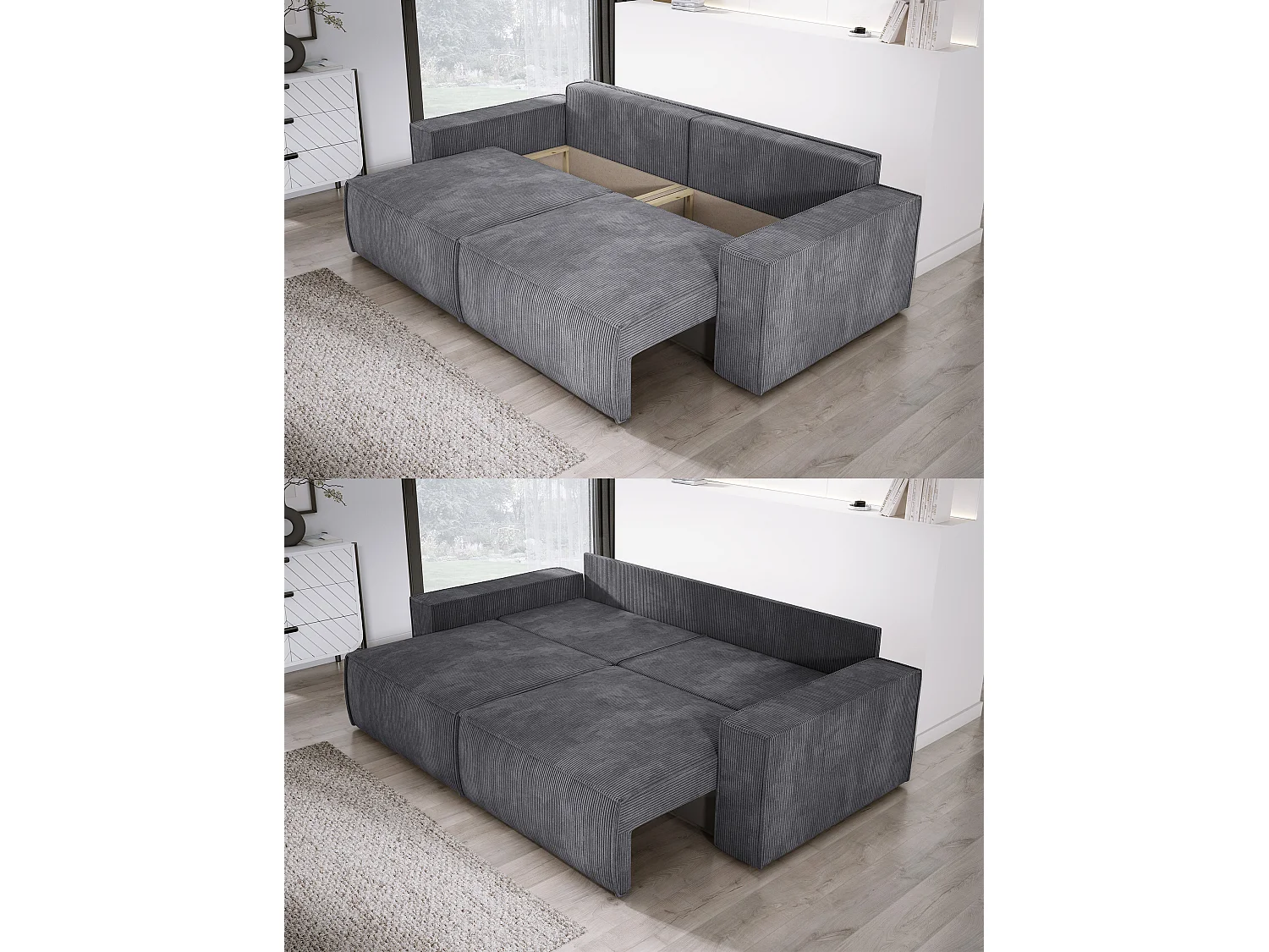Canapé d'angle Kasjo avec fonction de couchage et coffre de rangement, tissu doux et élastique, côté gauche, 245x90x83 cm, couleur : Gris