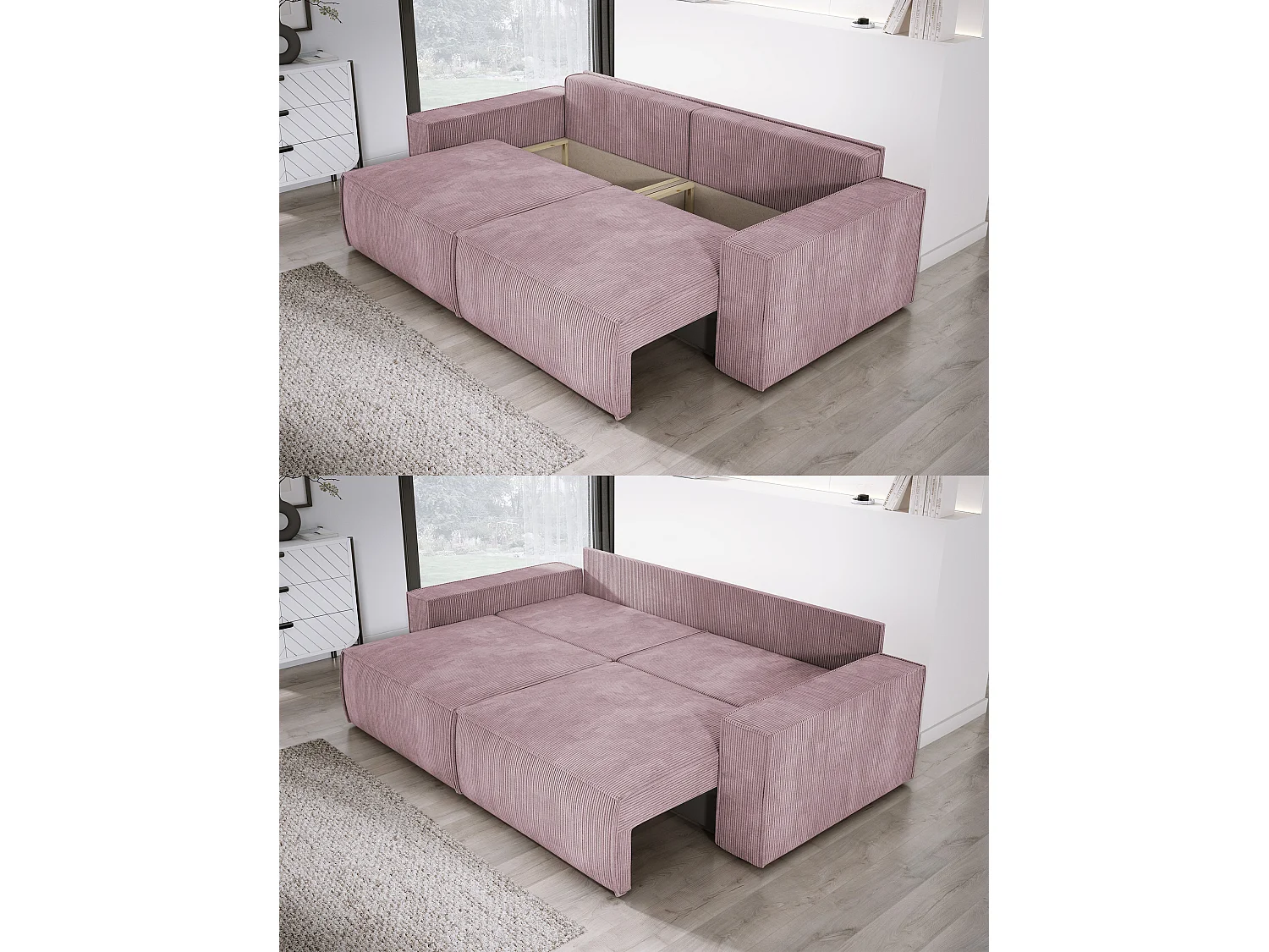 Hoekbank Kasjo met slaapfunctie, opbergruimte, zachte stof, flexibel, rechterkant, 245x90x83 cm, kleur: Poederroze