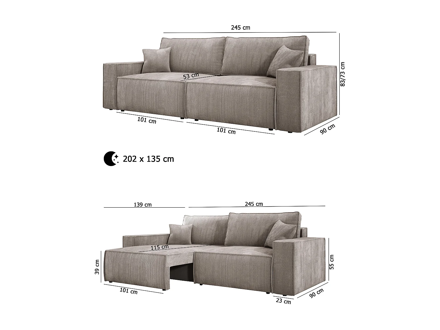 Canapé d'angle Kasjo avec fonction de couchage et coffre de rangement, tissu doux et élastique, côté droit, 245x90x83 cm, couleur : Poudré