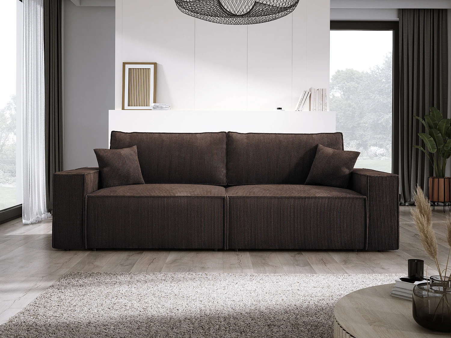 Canapé d'angle Kasjo avec fonction de couchage et coffre de rangement, tissu doux et élastique, côté gauche, 245x90x83 cm, couleur : Marron foncé