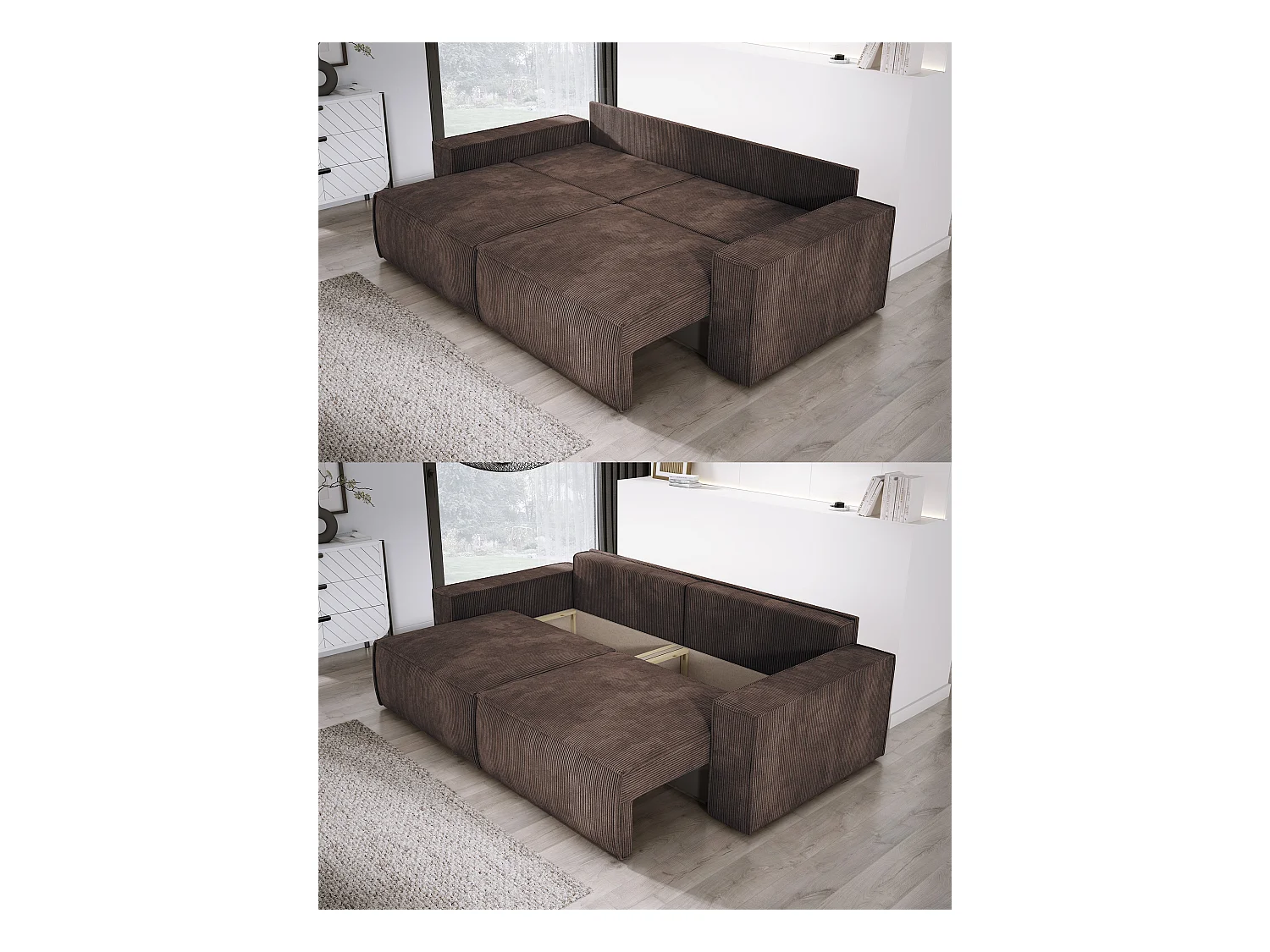 Canapé d'angle Kasjo avec fonction de couchage et coffre de rangement, tissu doux et élastique, côté gauche, 245x90x83 cm, couleur : Marron foncé