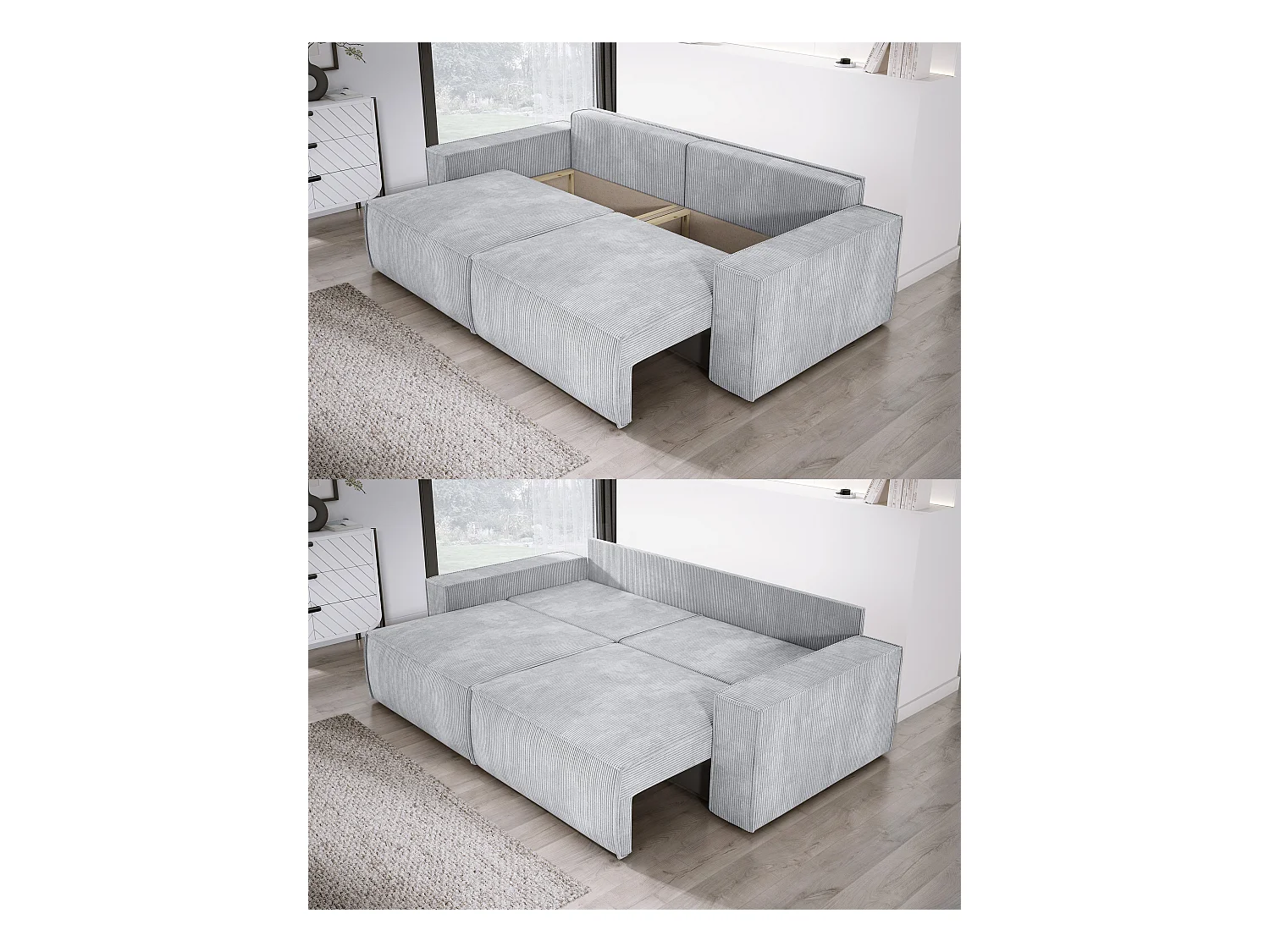 Canapé d'angle Kasjo avec fonction de couchage et coffre de rangement, tissu doux et élastique, côté gauche, 245x90x83 cm, couleur : Chêne clair