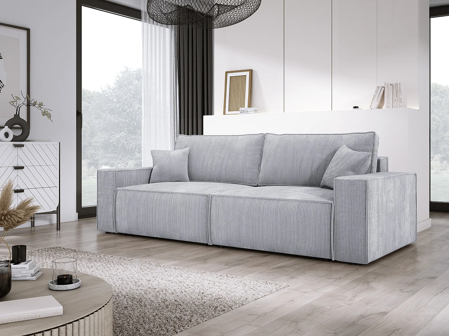 Canapé d'angle Kasjo avec fonction de couchage et coffre de rangement, tissu doux et élastique, côté gauche, 245x90x83 cm, couleur : Chêne clair