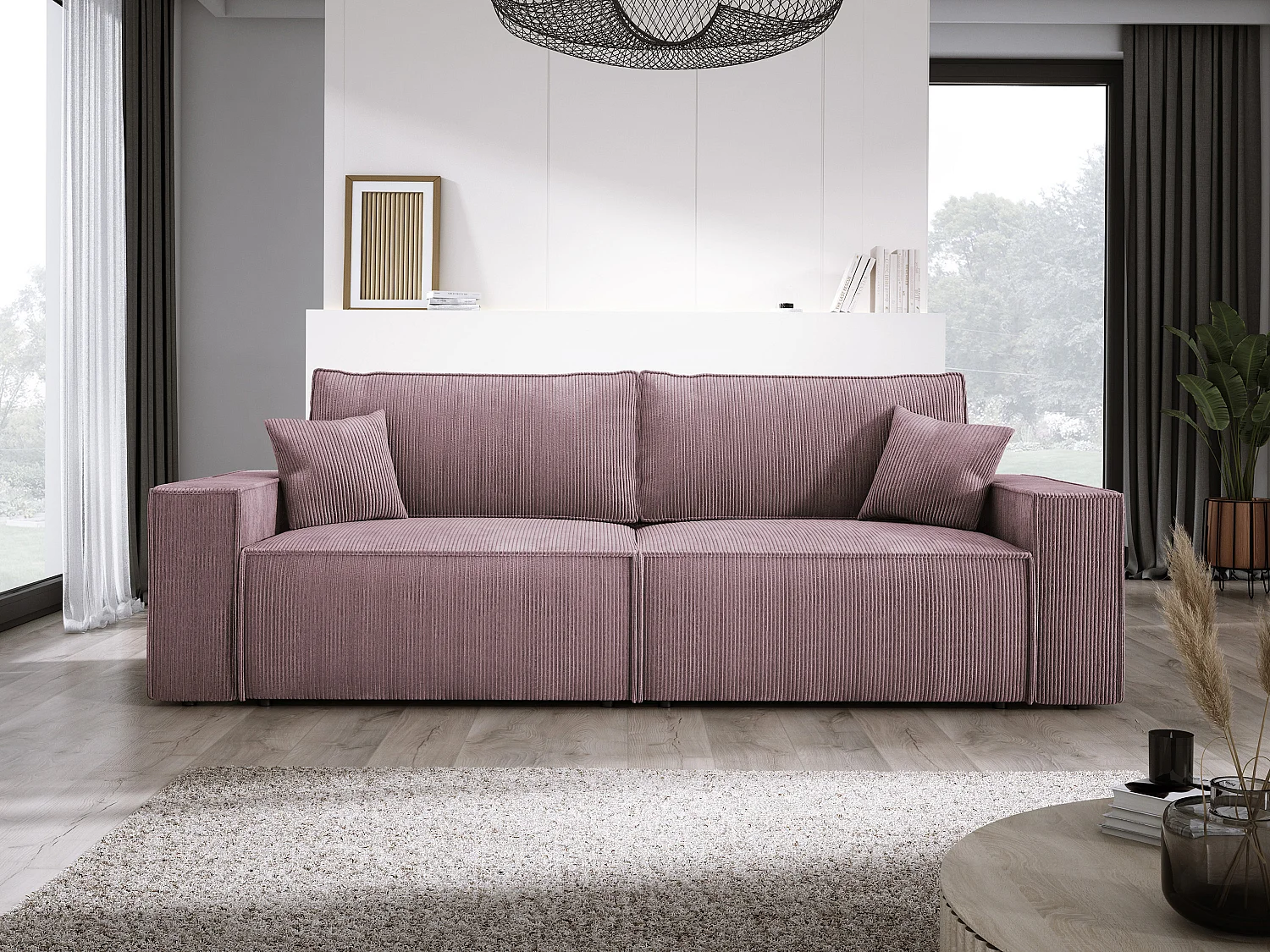 Canapé d'angle Kasjo avec fonction de couchage et coffre de rangement, tissu doux et élastique, côté gauche, 245x90x83 cm, couleur : Poudré