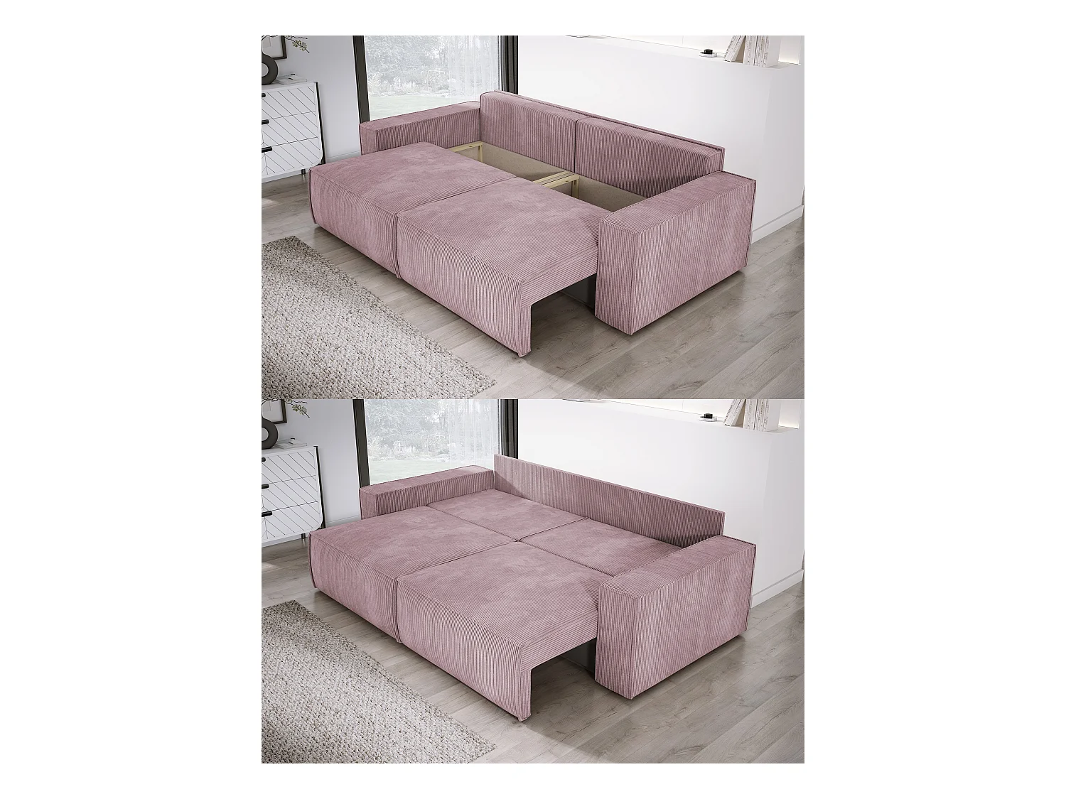 Canapé d'angle Kasjo avec fonction de couchage et coffre de rangement, tissu doux et élastique, côté gauche, 245x90x83 cm, couleur : Poudré