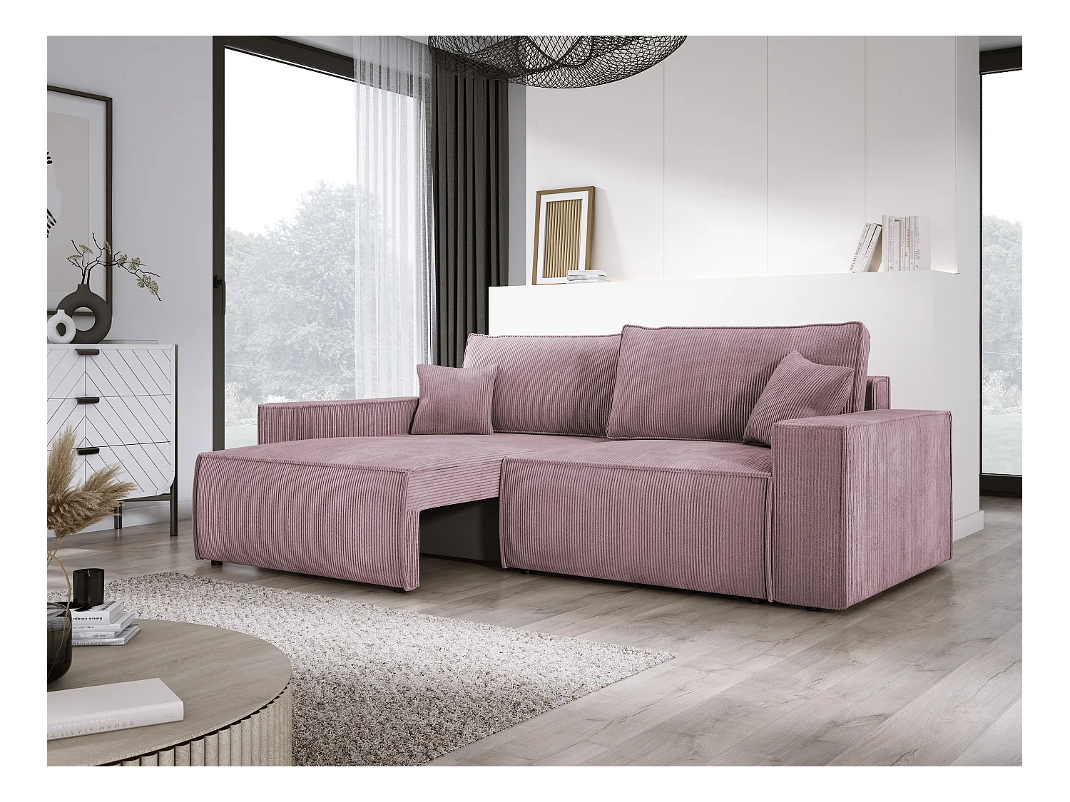 Hoekbank Kasjo met slaapfunctie, opbergruimte, zachte stof, flexibel, linkerkant, 245x90x83 cm, kleur: Poederroze