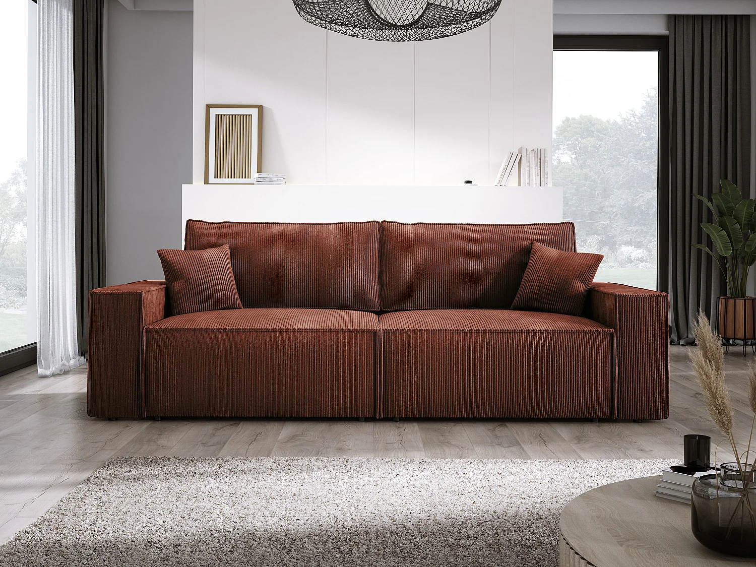 Canapé d'angle Kasjo avec fonction de couchage et coffre de rangement, tissu doux et élastique, côté droit, 245x90x83 cm, couleur : Marron