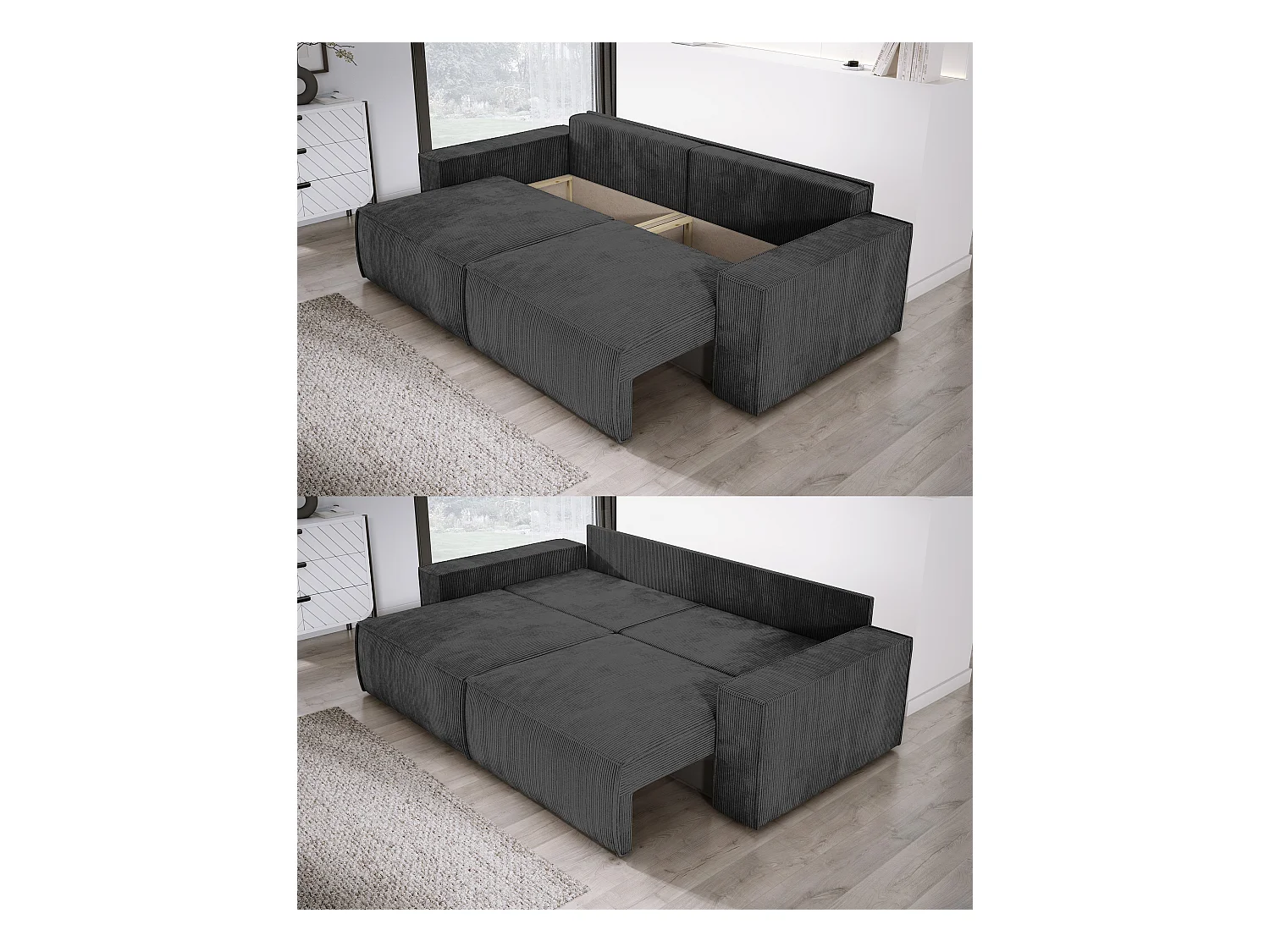 Narożnik Kasjo z funkcją spania i pojemnikiem na pościel, miękki materiał, elastyczny, lewa strona, 245x90x83 cm, kolor: Czarny