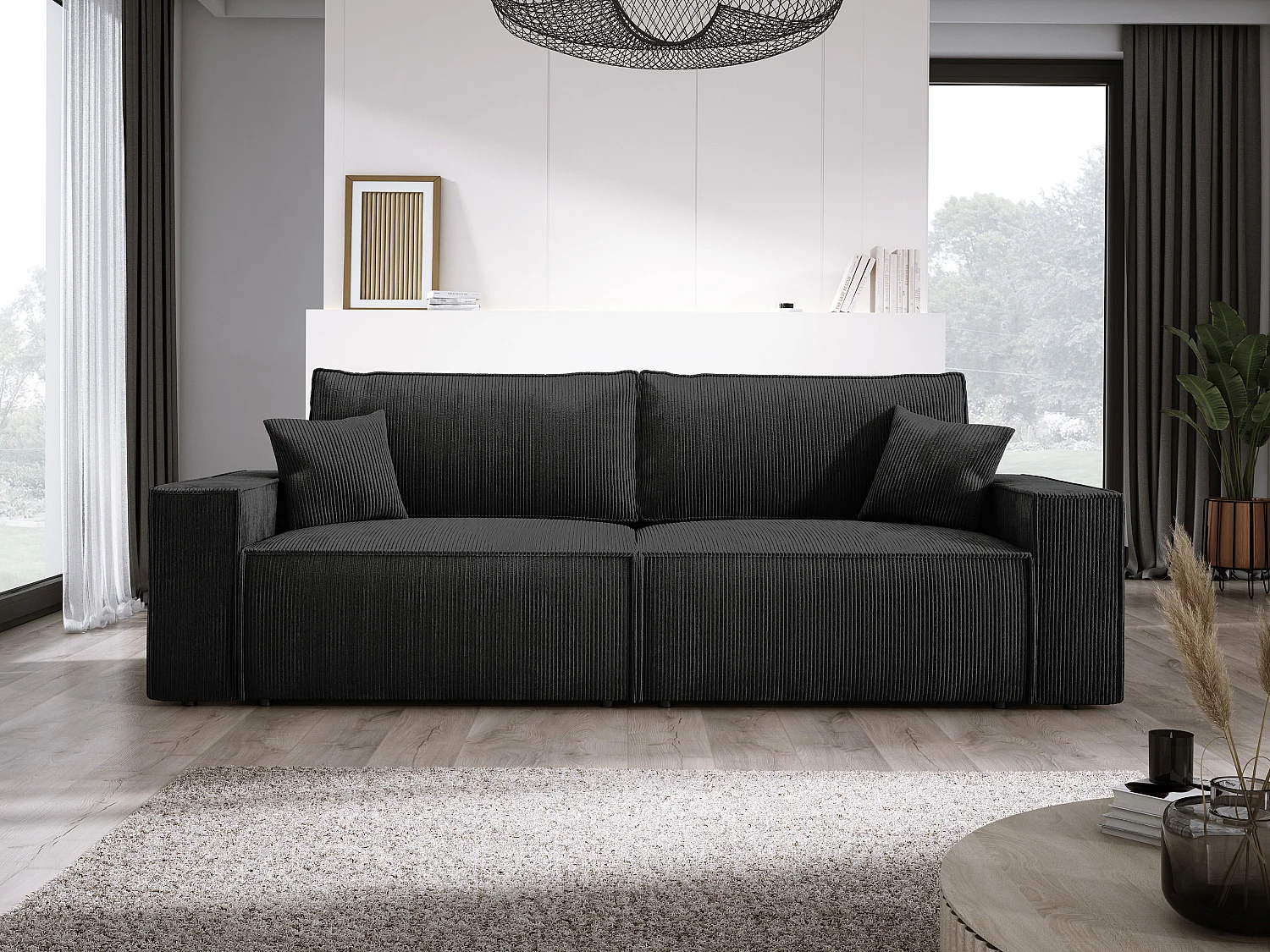 Canapé d'angle Kasjo avec fonction de couchage et coffre de rangement, tissu doux et élastique, côté gauche, 245x90x83 cm, couleur : Noir