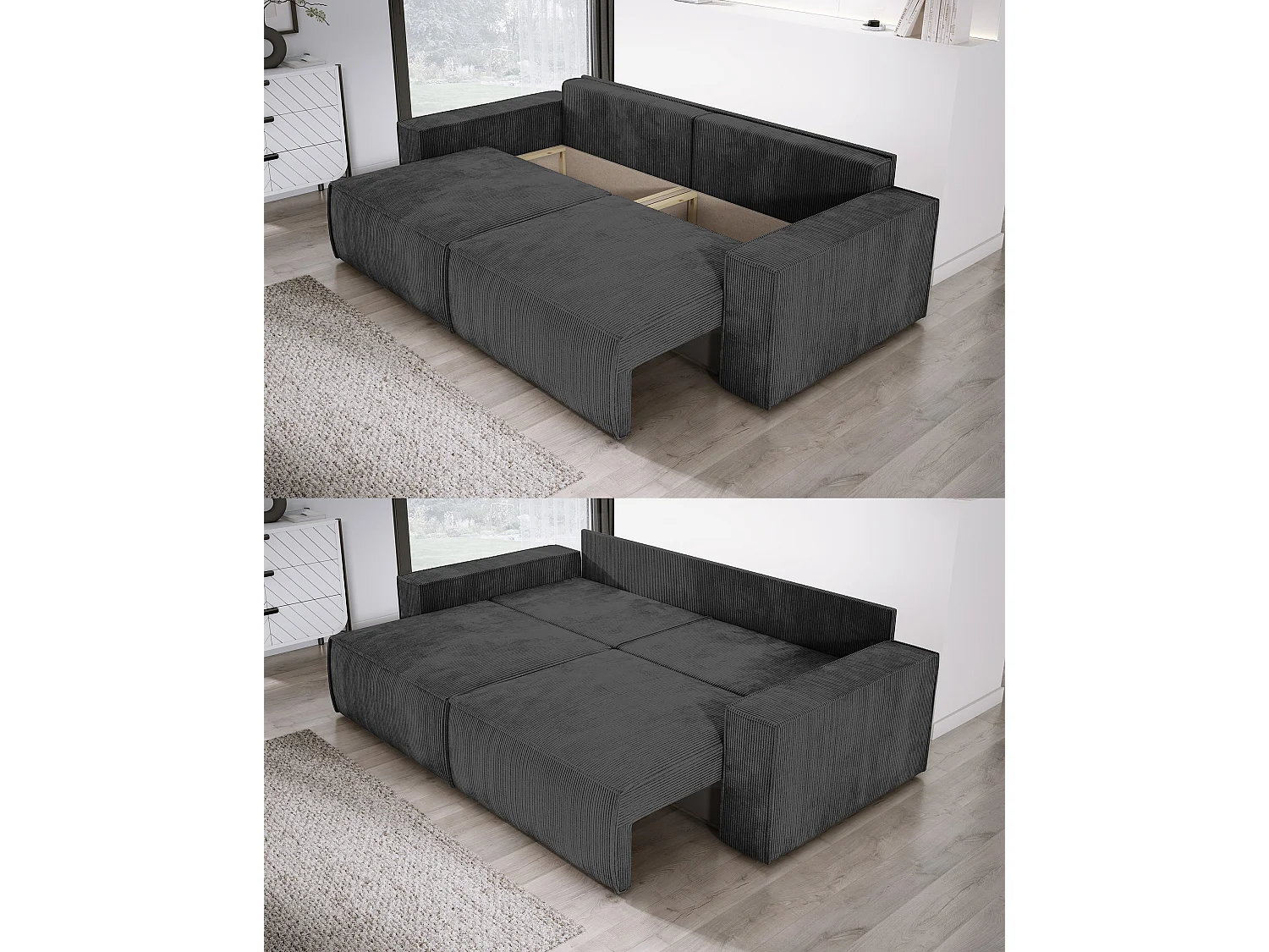 Canapé d'angle Kasjo avec fonction de couchage et coffre de rangement, tissu doux et élastique, côté gauche, 245x90x83 cm, couleur : Noir