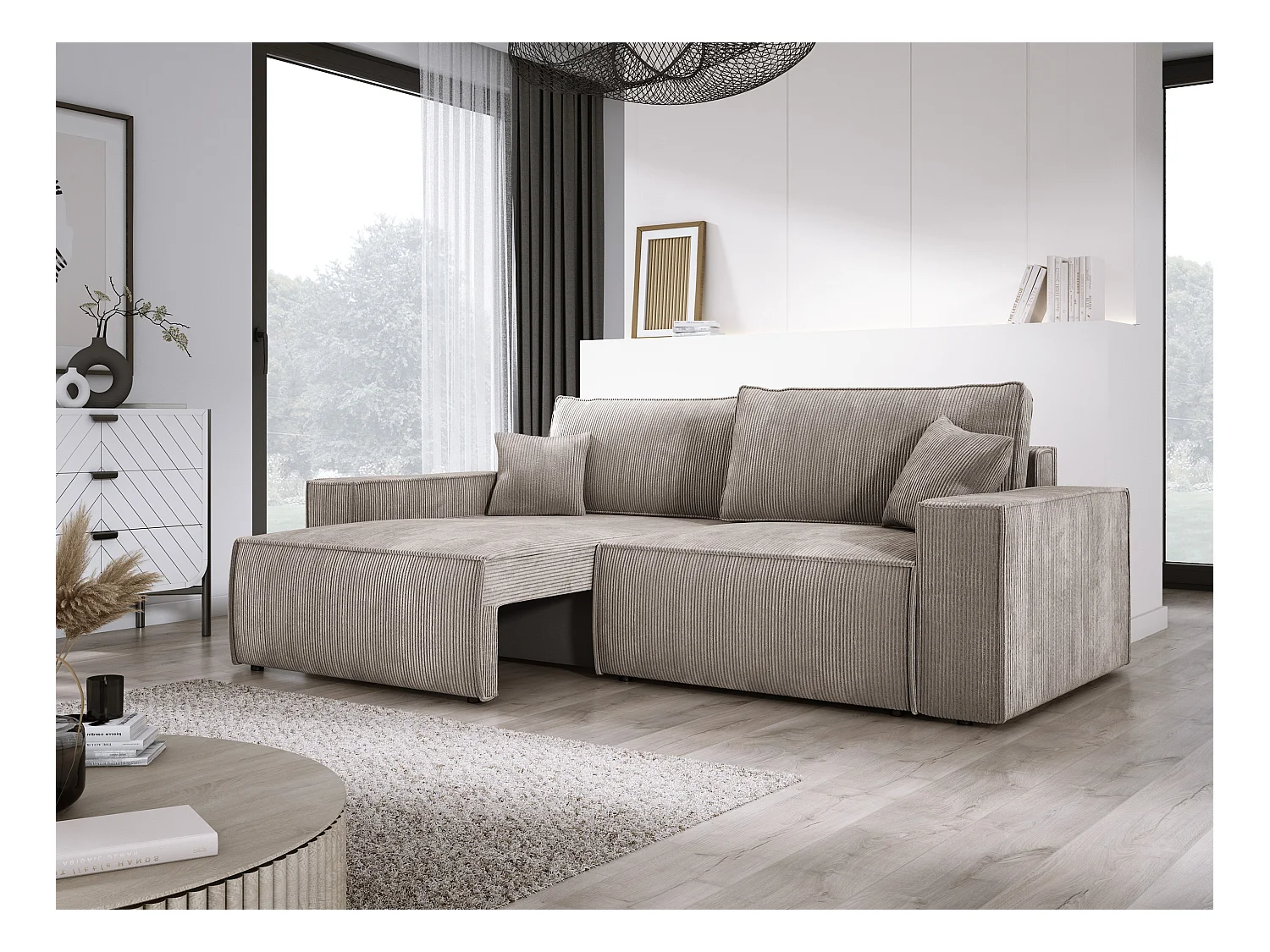 Hoekbank Kasjo met slaapfunctie, opbergruimte, zachte stof, flexibel, rechterkant, 245x90x83 cm, kleur: Cappuccino