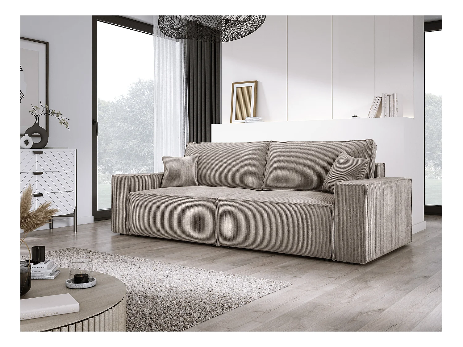 Hoekbank Kasjo met slaapfunctie, opbergruimte, zachte stof, flexibel, rechterkant, 245x90x83 cm, kleur: Cappuccino