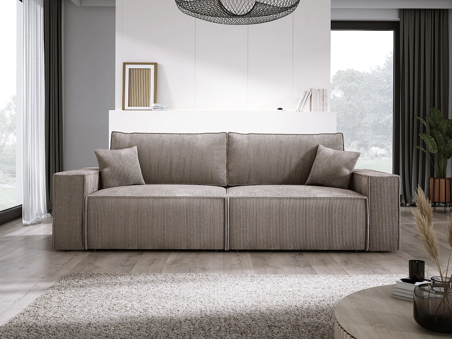 Canapé d'angle Kasjo avec fonction de couchage et coffre de rangement, tissu doux et élastique, côté droit, 245x90x83 cm, couleur : Cappuccino