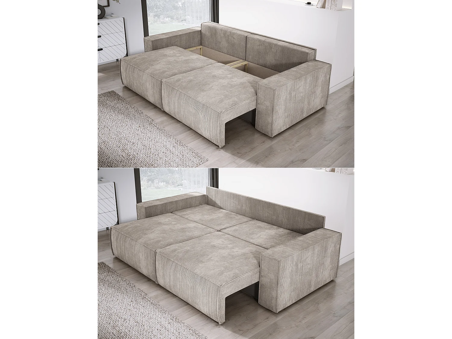 Canapé d'angle Kasjo avec fonction de couchage et coffre de rangement, tissu doux et élastique, côté droit, 245x90x83 cm, couleur : Cappuccino