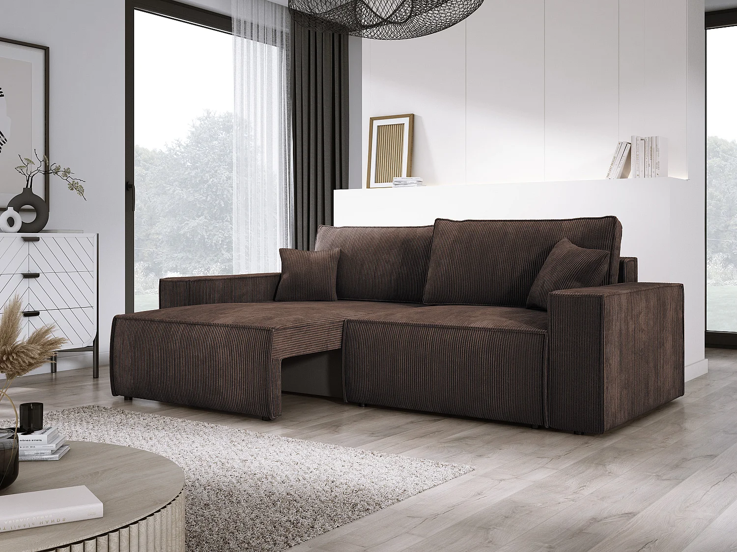 Canapé d'angle Kasjo avec fonction de couchage et coffre de rangement, tissu doux et élastique, côté droit, 245x90x83 cm, couleur : Marron foncé