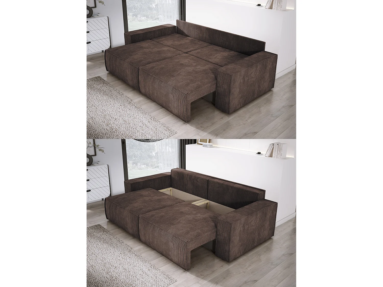 Canapé d'angle Kasjo avec fonction de couchage et coffre de rangement, tissu doux et élastique, côté droit, 245x90x83 cm, couleur : Marron foncé