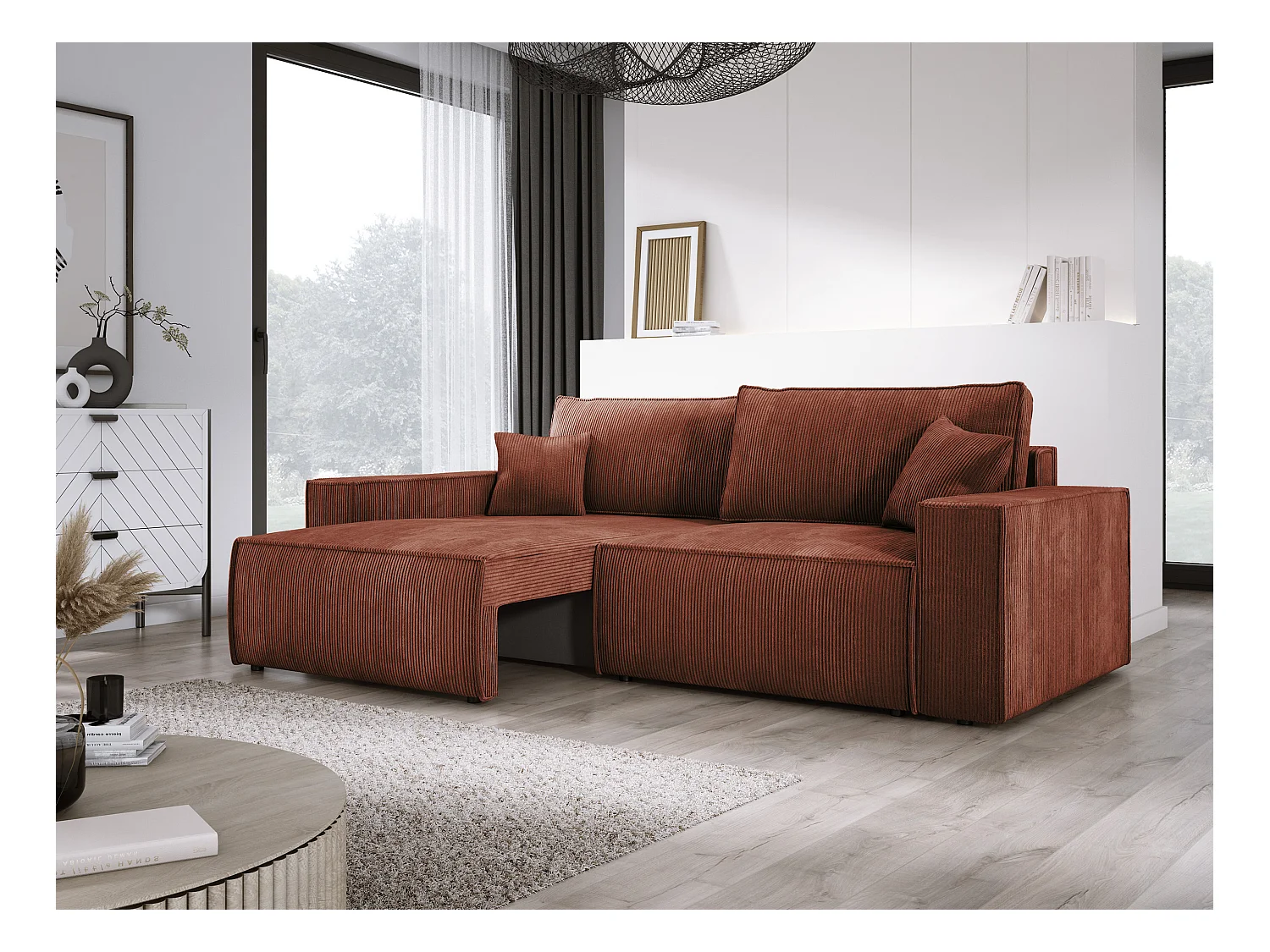 Hoekbank Kasjo met slaapfunctie, opbergruimte, zachte stof, flexibel, linkerkant, 245x90x83 cm, kleur: Bruin