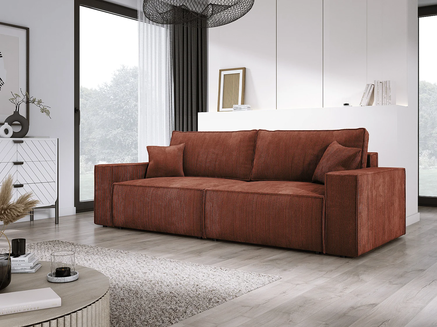 Canapé d'angle Kasjo avec fonction de couchage et coffre de rangement, tissu doux et élastique, côté gauche, 245x90x83 cm, couleur : Marron