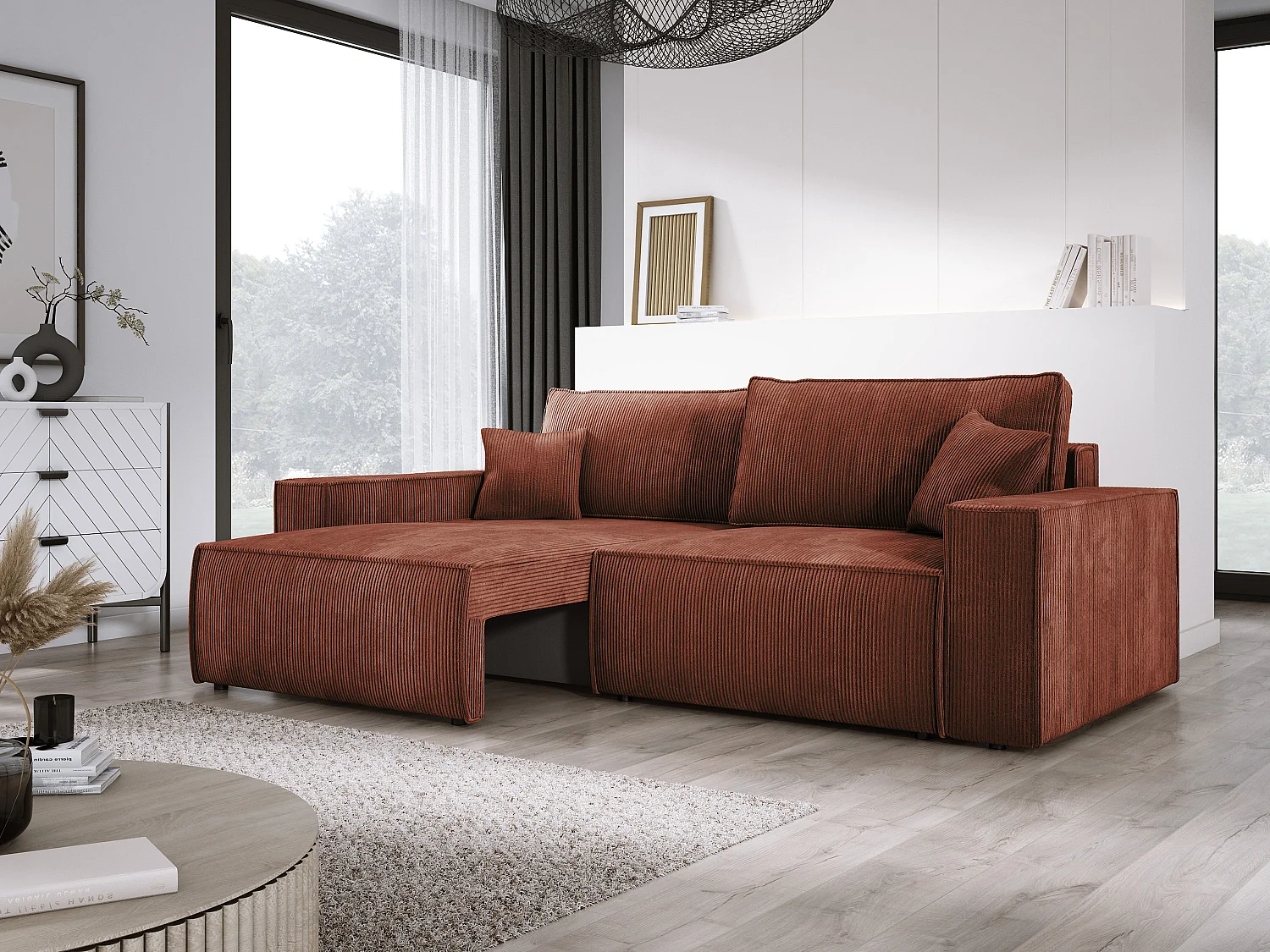 Canapé d'angle Kasjo avec fonction de couchage et coffre de rangement, tissu doux et élastique, côté gauche, 245x90x83 cm, couleur : Marron