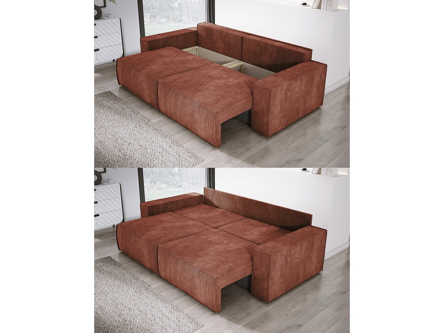 Canapé d'angle Kasjo avec fonction de couchage et coffre de rangement, tissu doux et élastique, côté gauche, 245x90x83 cm, couleur : Marron