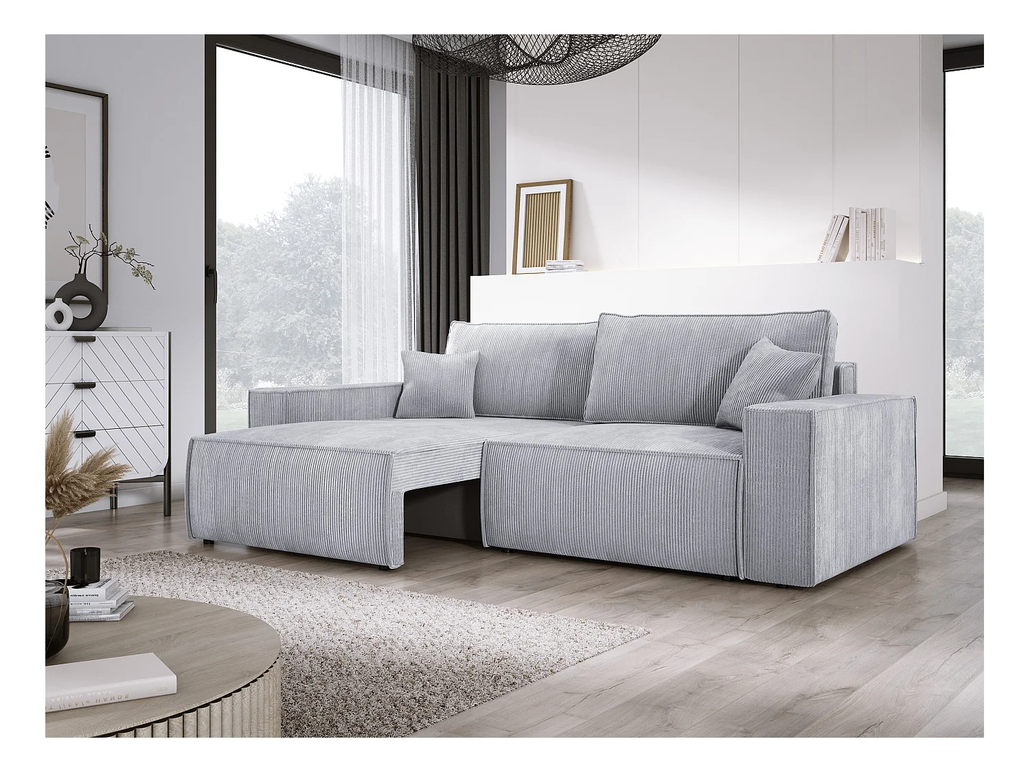 Hoekbank Kasjo met slaapfunctie, opbergruimte, zachte stof, flexibel, rechterkant, 245x90x83 cm, kleur: Licht eiken